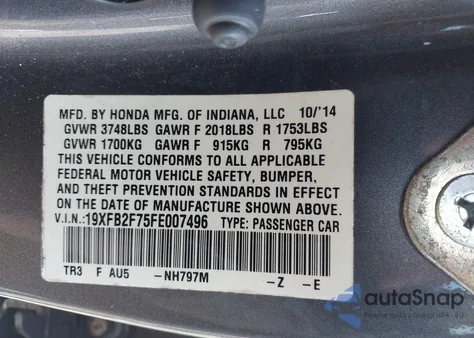 2015 Honda Civic Se из США, поврежденный, VIN 19XFB2F75FE007496